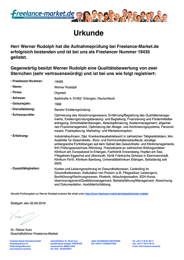 Freelance Market Urkunde Werner Rudolph