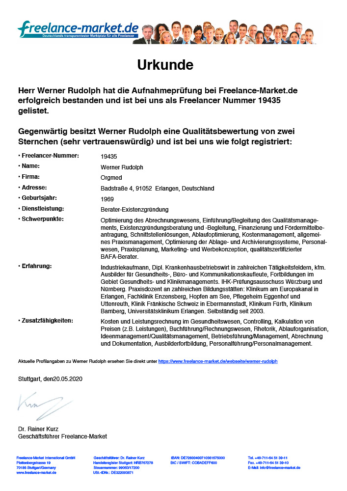 Freelance Market Urkunde Werner Rudolph