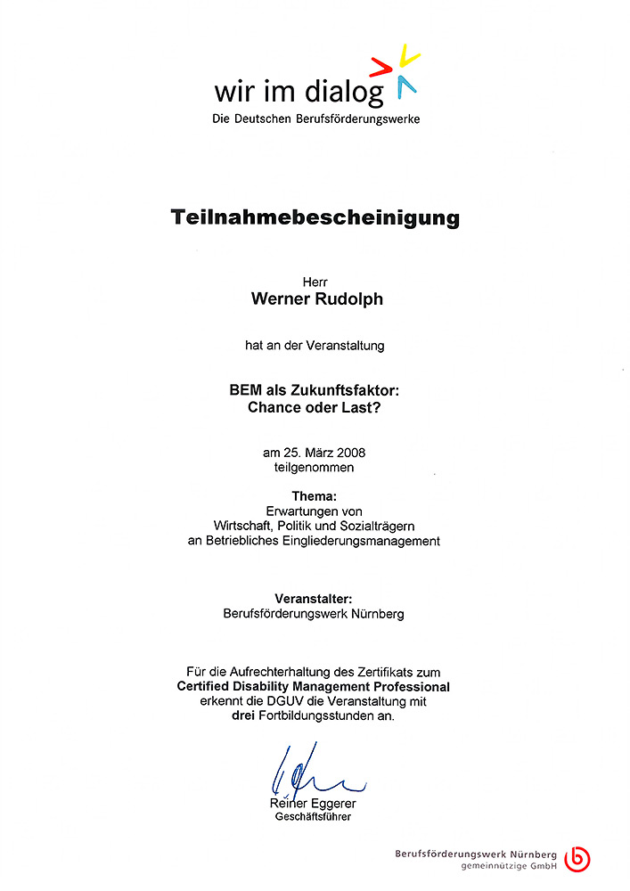 Teilnahmebeschein W. Rudolph BEM