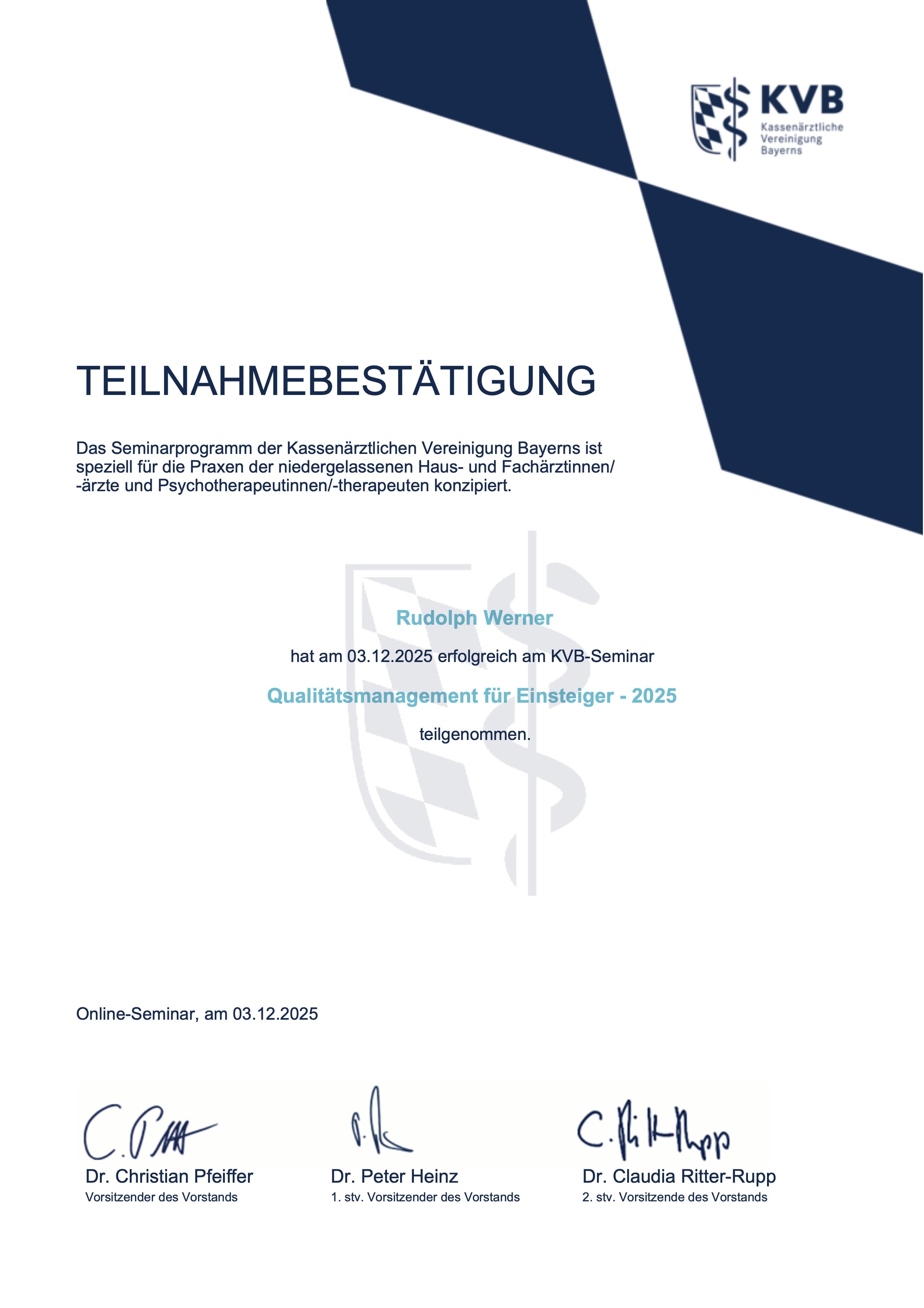 Teilnahmebescheinigung Qualitätsmanagement für Einsteiger 2025