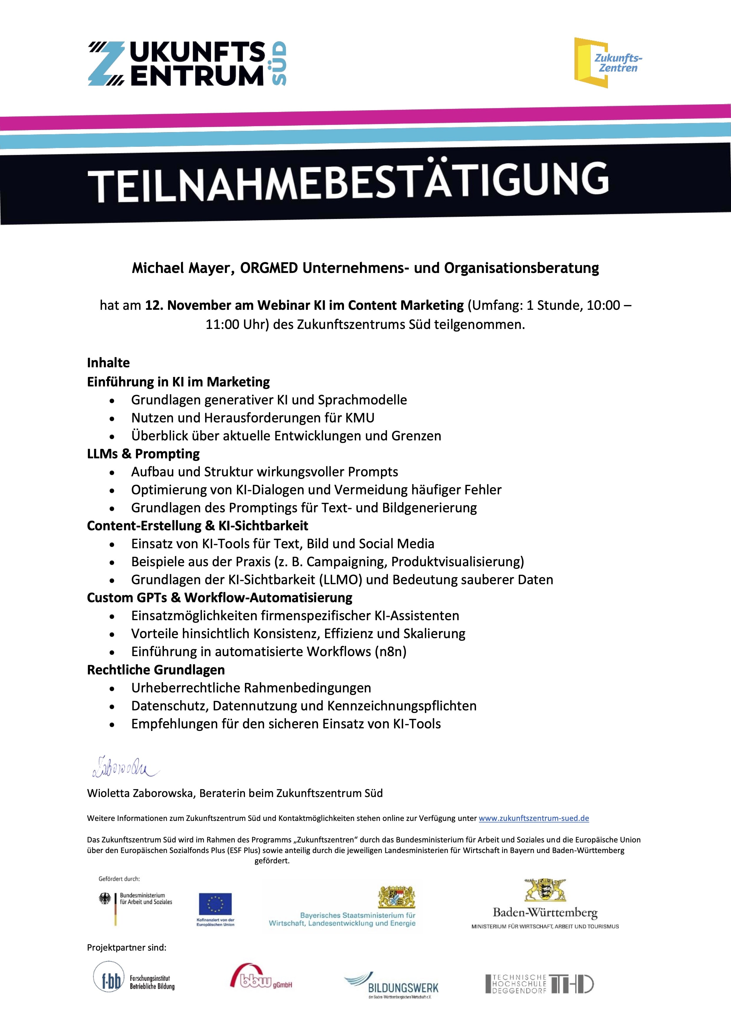 Teilnahmebestätigung Webinar KI im Content Marketing