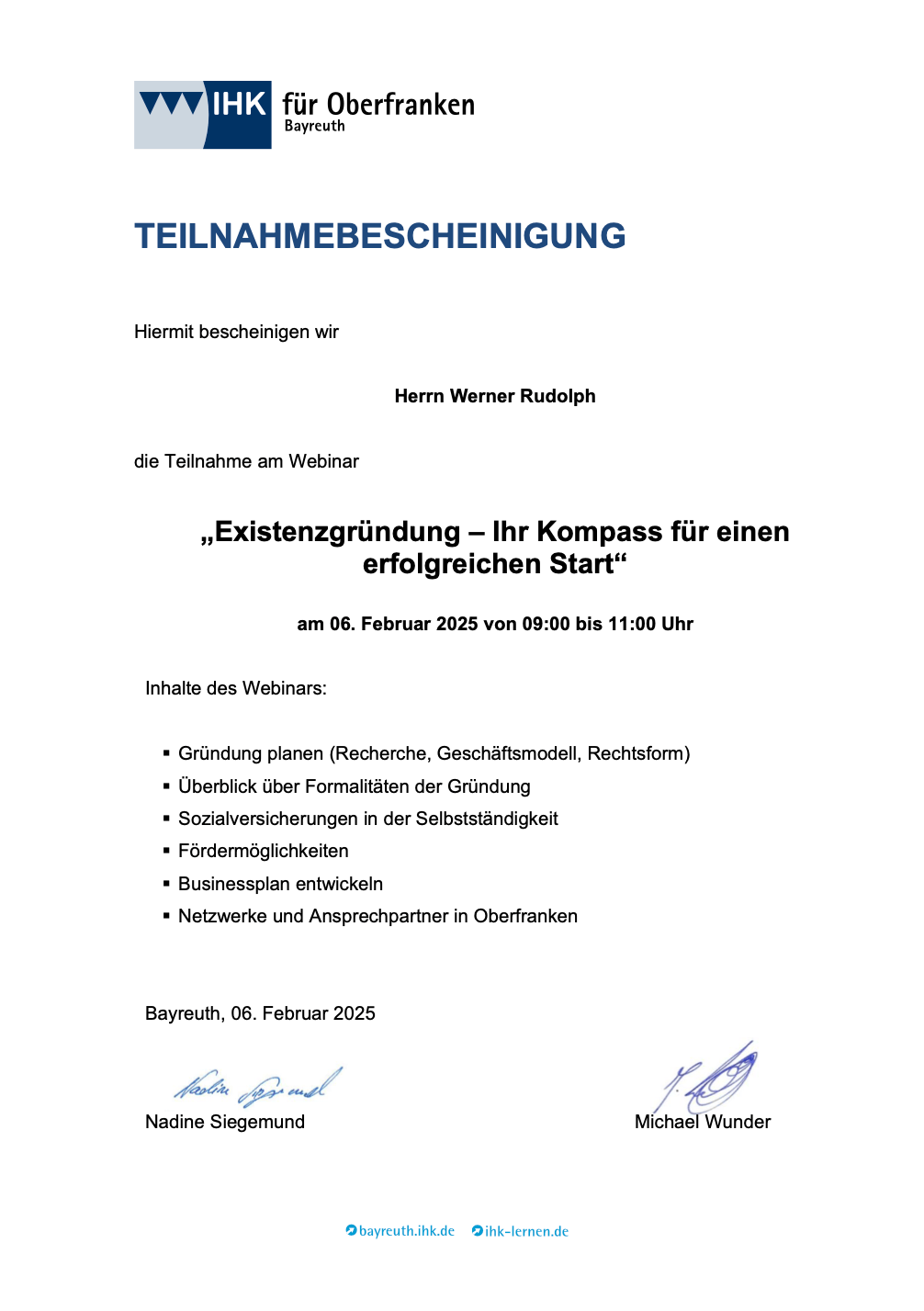 IHK Teilnahmezertifikat Gründungswebinar