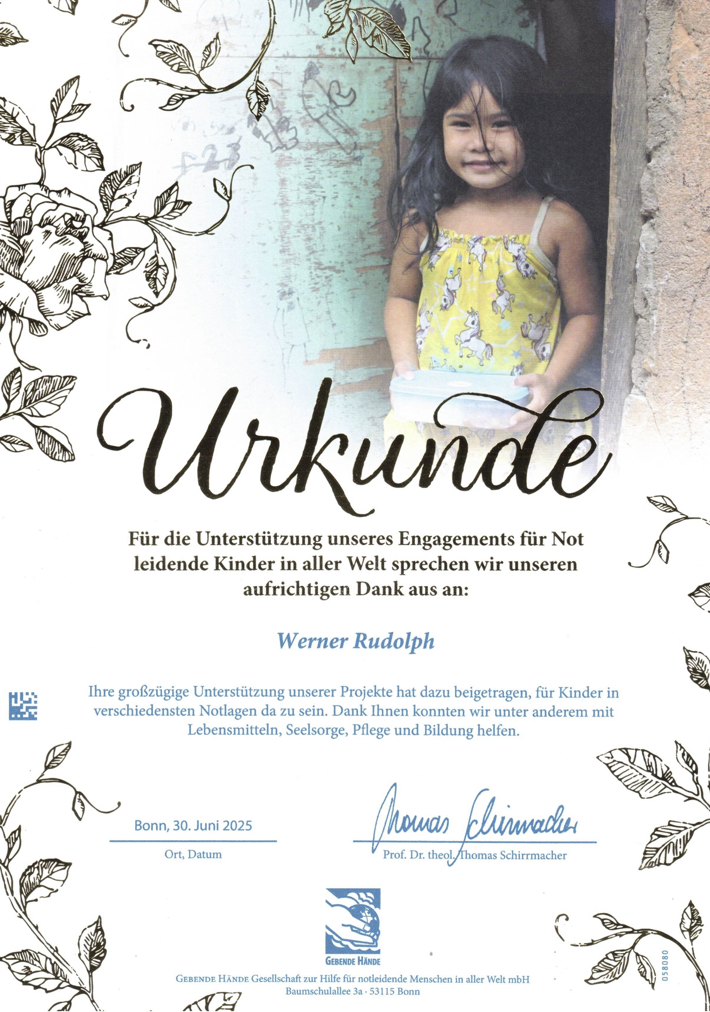 Urkunde für Unterstützung des Engagements für Not leidende Kinder