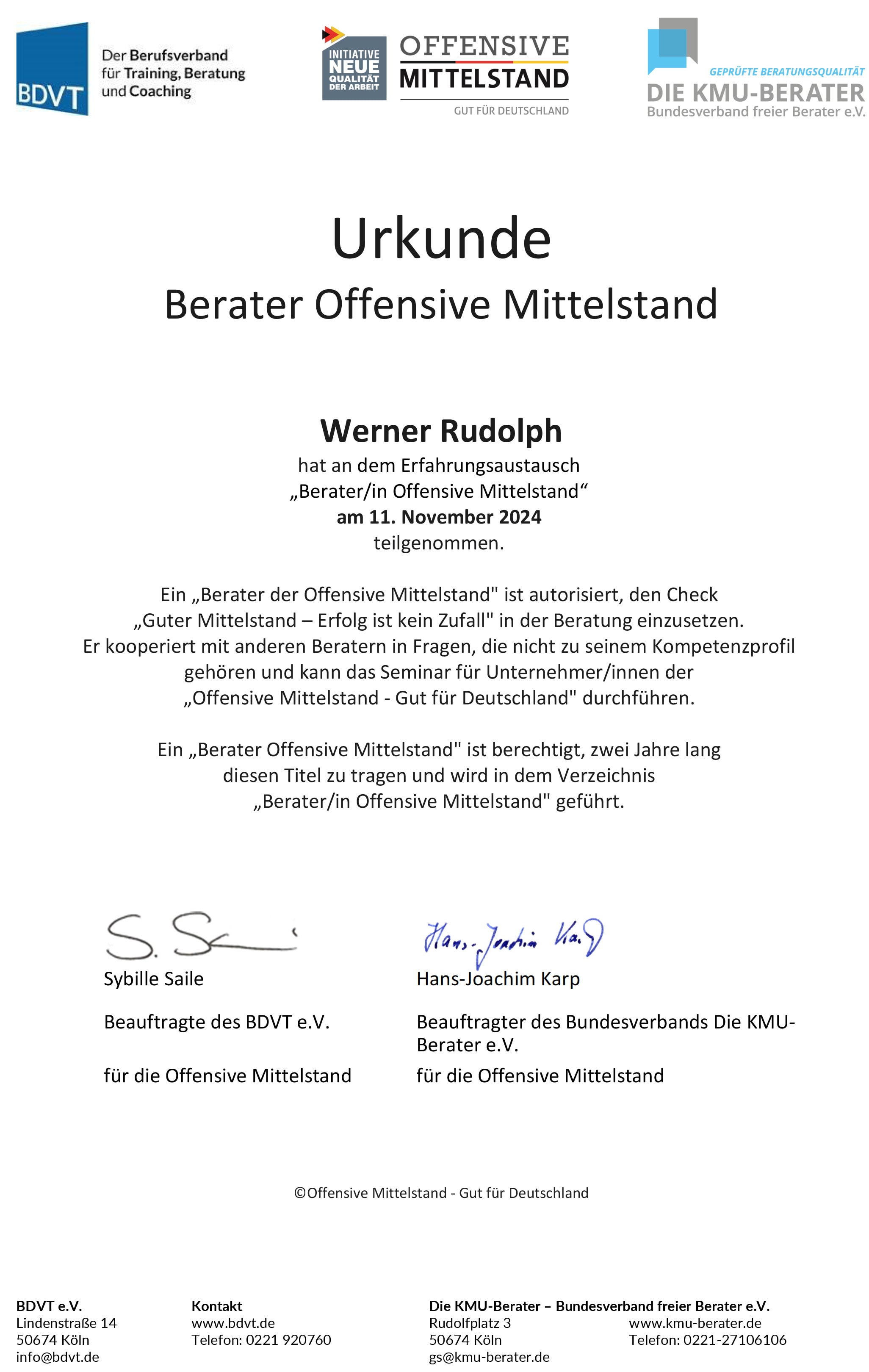 Urkunde Berater Offensive Mittelstand Werner Rudolph