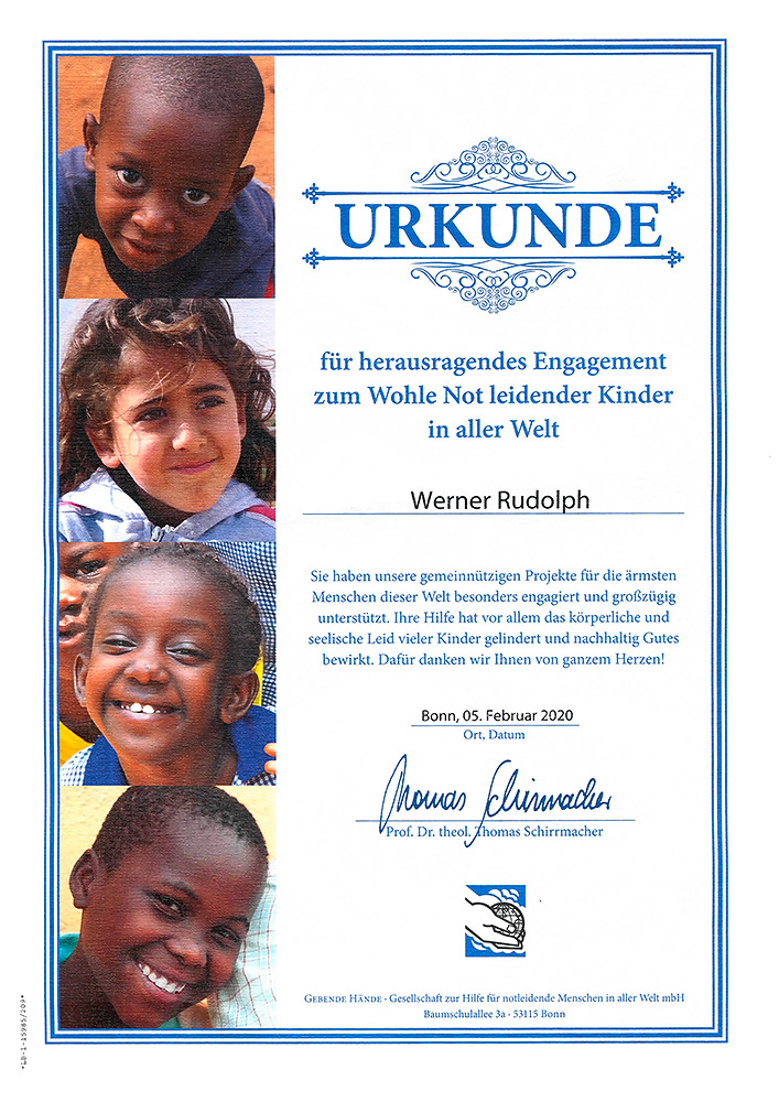 Urkunde W. Rudolph für herausragendes Engegement zum Wohle Not leidender Kinder in aller Welt