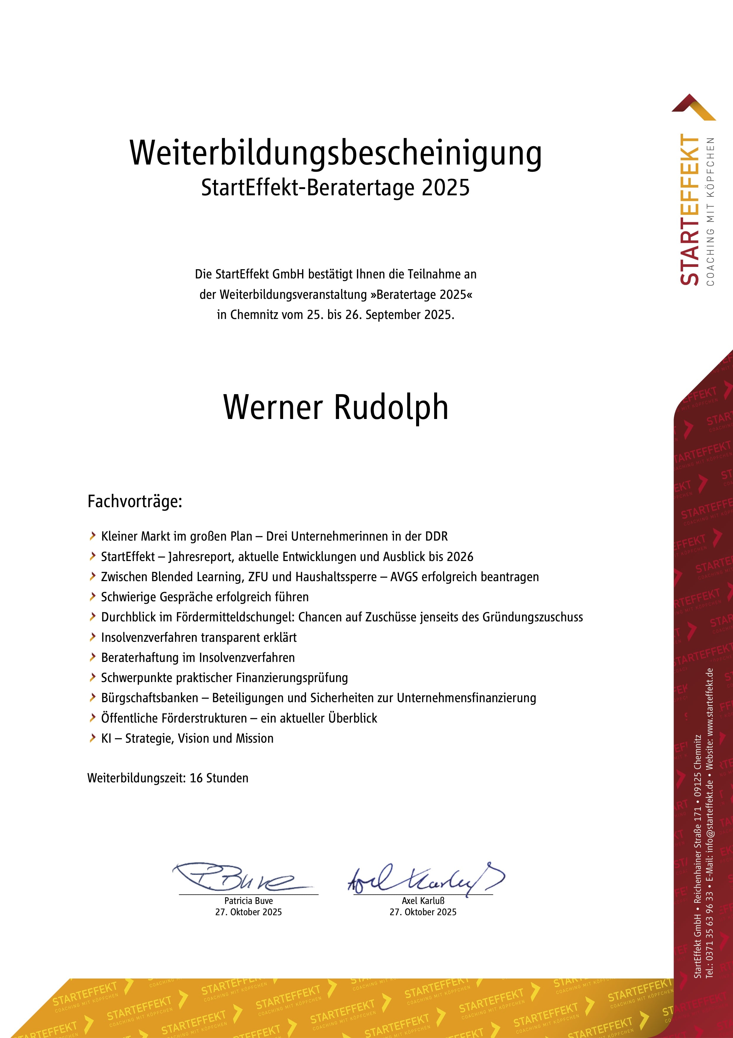 Weiterbildungsbescheinigung Beratertage 2025