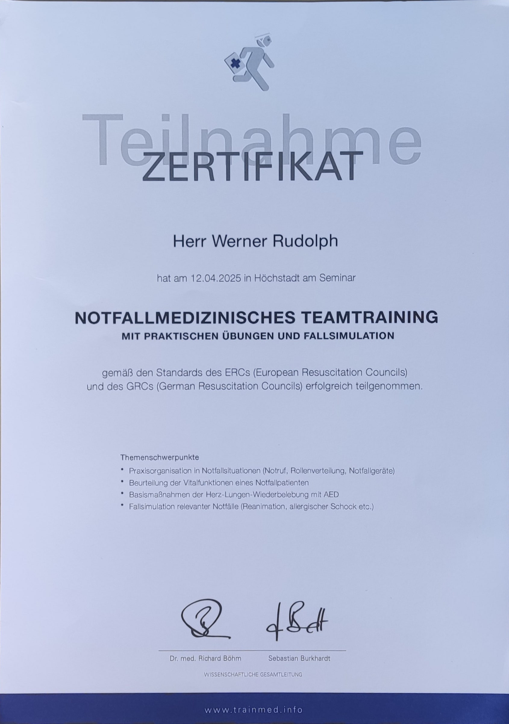 Teilnahmezerfitikat Notfallmedizinisches Teamtraining