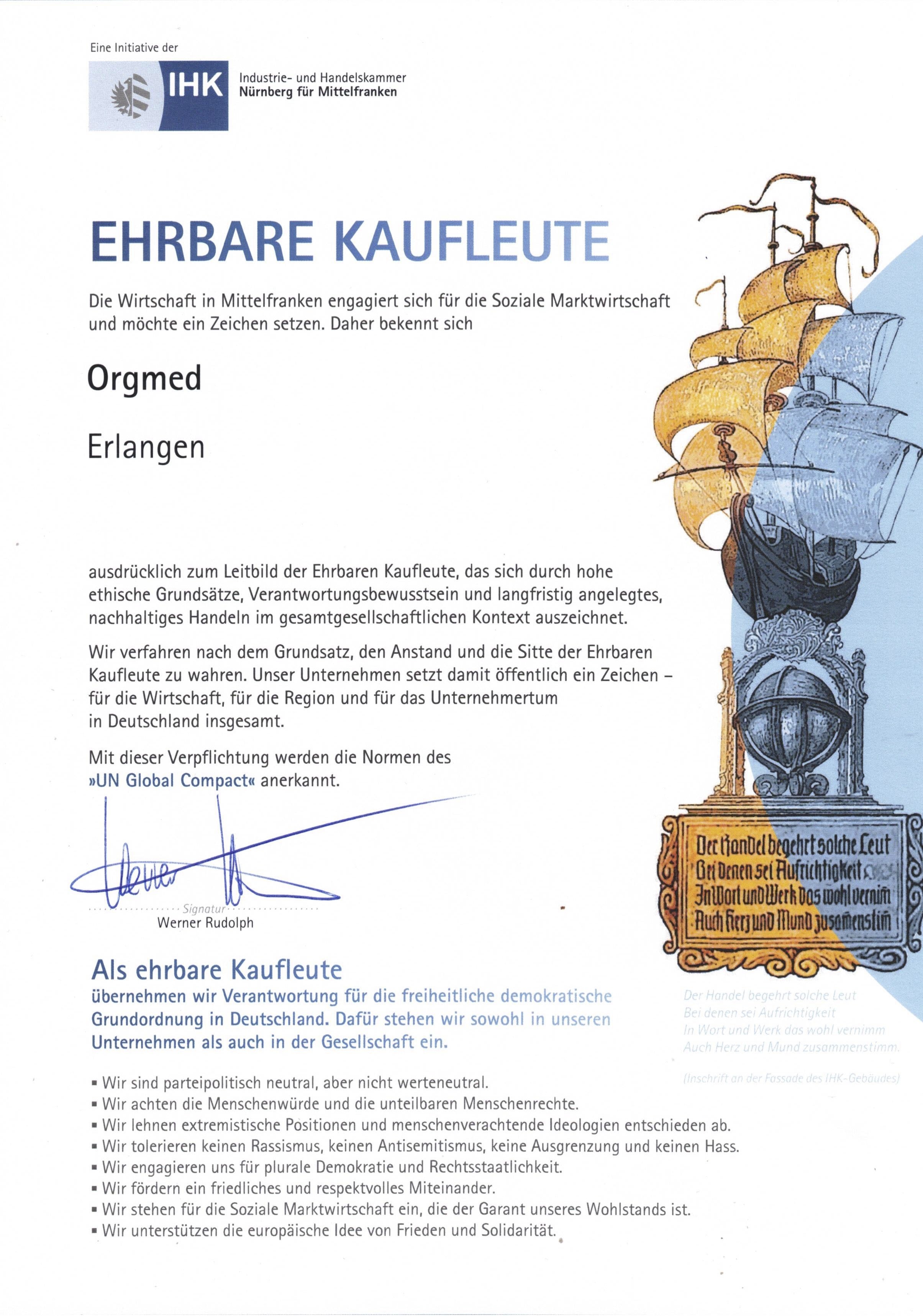 Zertifikat Orgmed Ehrbare Kaufleute 2025 IHK